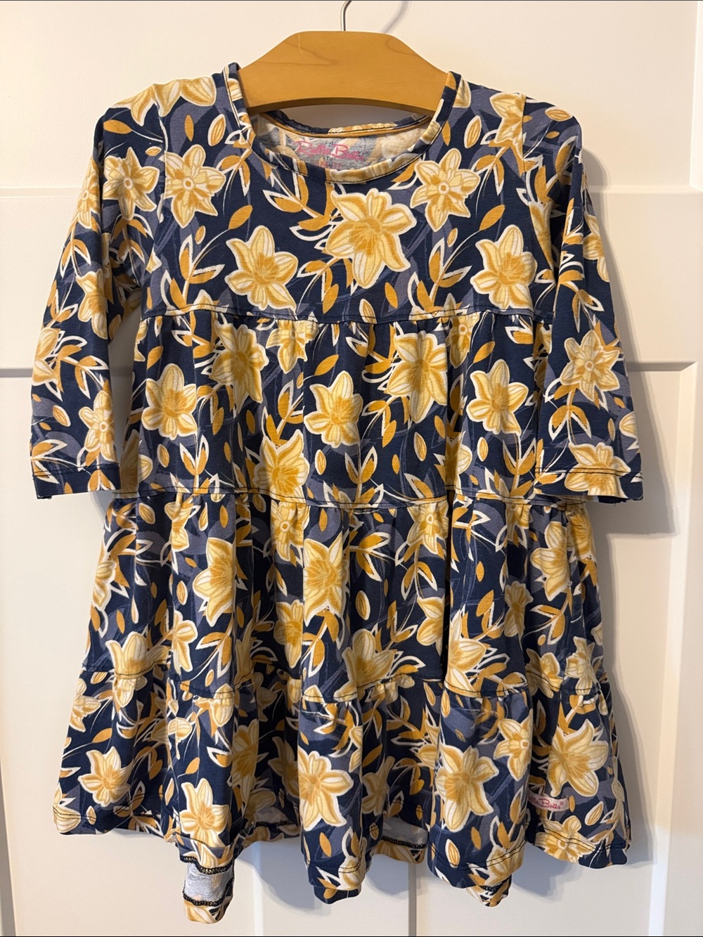 Ruffle Butts Toddler Girls Navy and Yellow Floral Tiered Dress